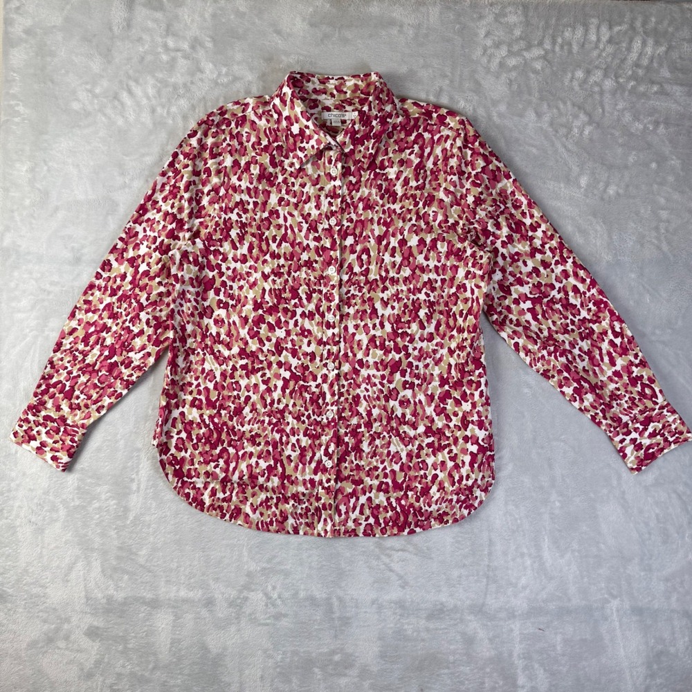 Chico's Button Down Shirt Womens 1 Size 8 Pink Tan Leopard Print Stretch Cotton